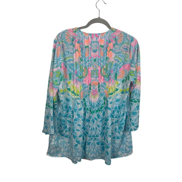 Lilly Pulitzer Pin Tuck Blouse Size Medium Tropical Print Tunic Flowy Preppy - Picture 2 of 7